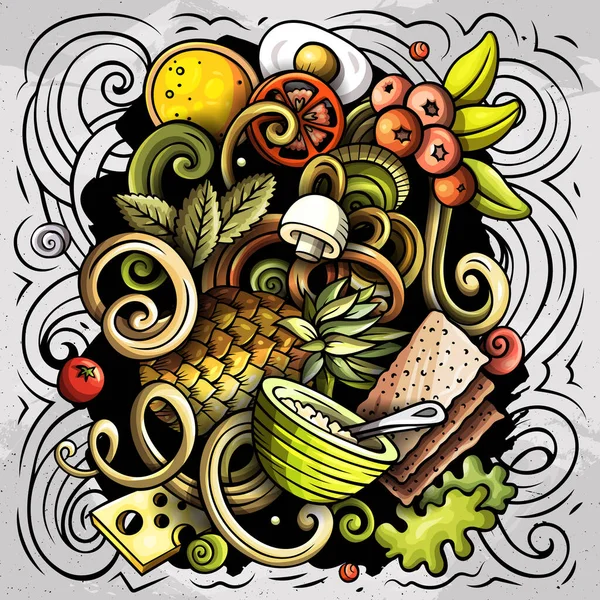 Cartoon Raster Doodles Dieta Ilustração Alimentar Colorido Detalhado Com Muitos — Fotografia de Stock