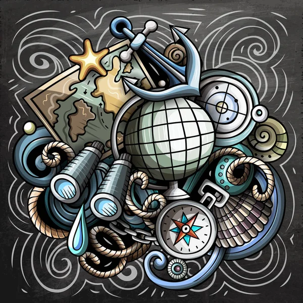 Nautical cartoon raster illustration. Chalkboard detailed composition with lot of Marine objects and symbols.