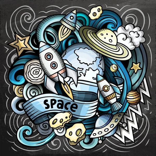 Space cartoon raster illustration. Chalkboard detailed composition with lot of Cosmos objects and symbols.