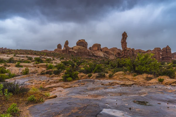 Louže vody po bouřka v národním parku arches — Stock fotografie