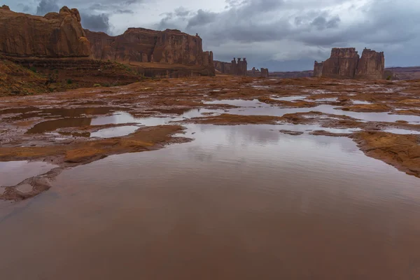Puddles of water after Rainstorm in the Arches National Park — Stock Photo, Image