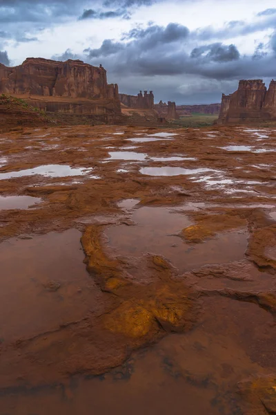 Puddles of water after Rainstorm in the Arches National Park — Stock Photo, Image