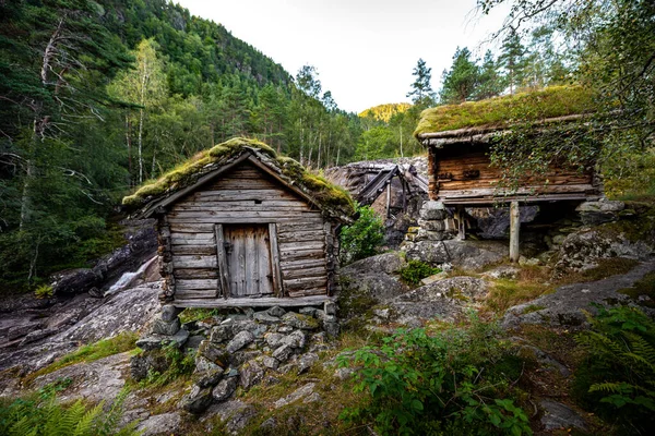 Çimenli Çatıları Olan Eski Bazlı Değirmenler Norveç Skandinav Manzarası — Stok fotoğraf