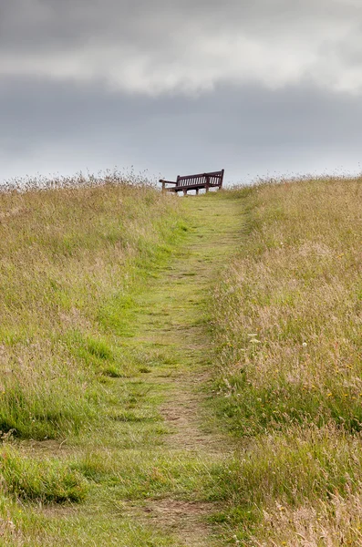 Leere Bank an der Spitze eines einsamen Weges — Stockfoto