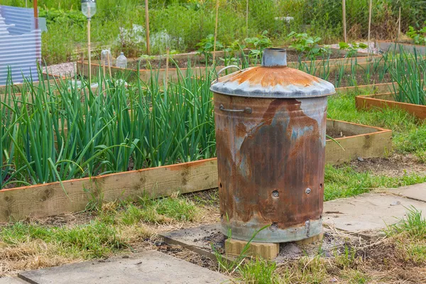 Rusty garden incinerator with plants in background — Stock Photo, Image