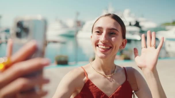 Närbild Ung Kvinna Tar Selfie Videosamtal Sitter Vid Hamnen Använder — Stockvideo