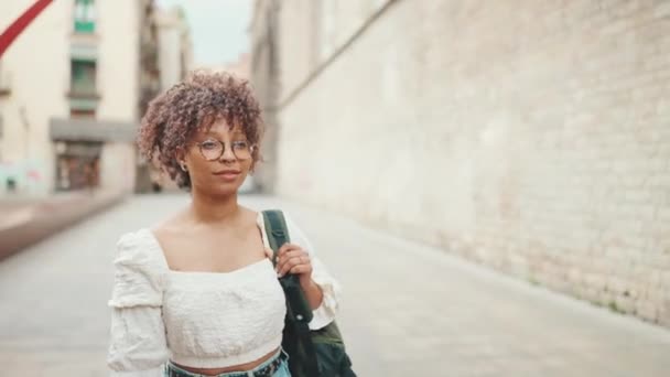 Gözlüklü Genç Bir Kadın Tuğla Duvar Boyunca Caddede Yürüyor Kız — Stok video