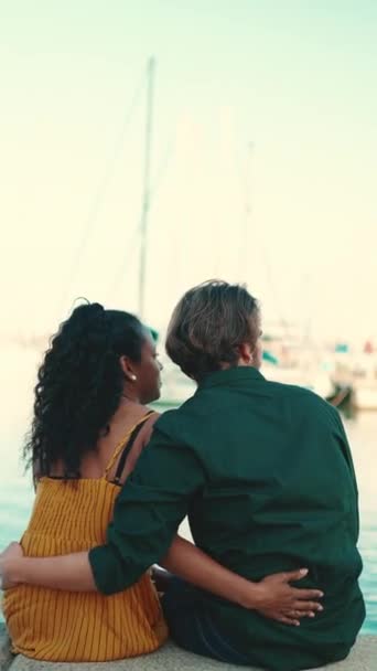 Vertical Video Close Happy Interracial Couple Sitting Port Closeup Young — Stock Video