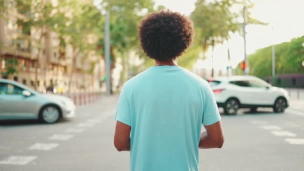 Açık Mavi Tişörtlü Afro Amerikan Genç Adam Yaya Geçidinde Duruyor — Stok video