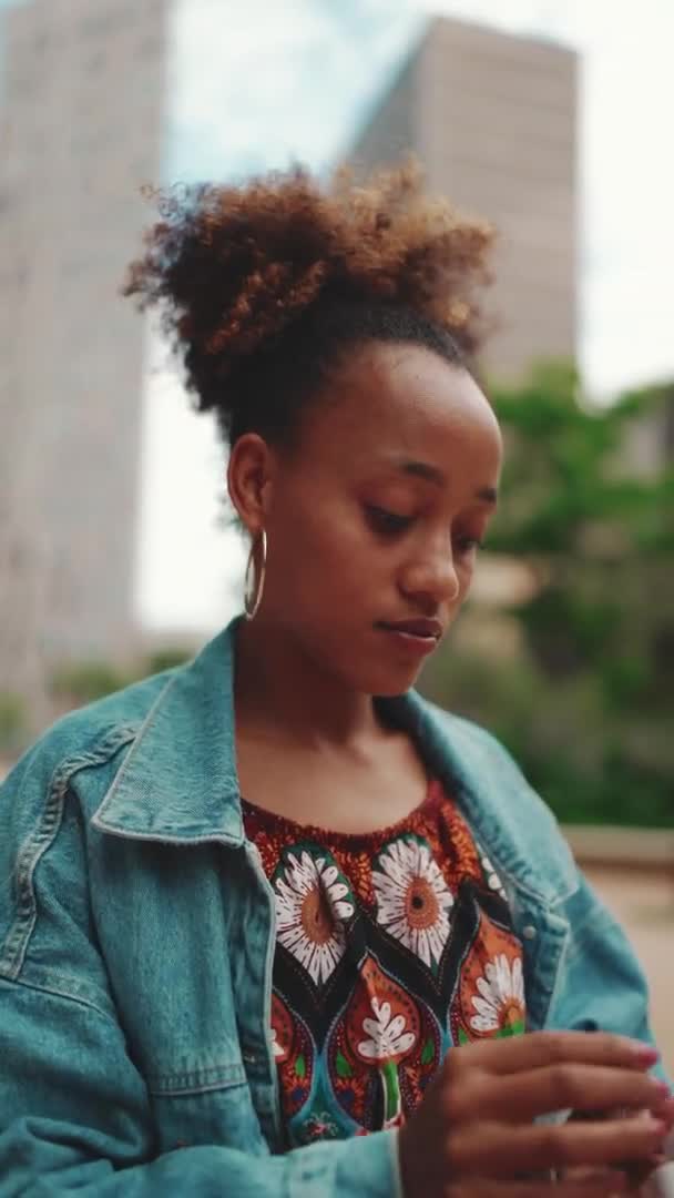 Vertical Video Cute African Girl Ponytail Wearing Denim Jacket Crop — Stock Video