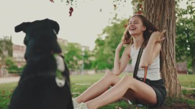 Kız evcil hayvanıyla parkta dinleniyor. Parktaki ağacın altında oturmuş köpeğiyle konuşan gülümseyen kız.