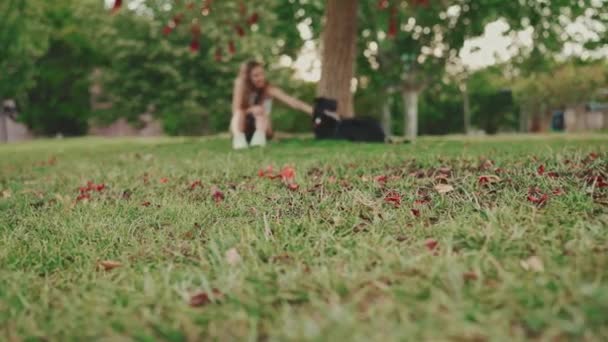 Cute Girl Czarnym Psem Spoczywa Pod Drzewem Trawniku Szczęśliwy Pies — Wideo stockowe
