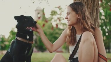 Beyaz bluzlu uzun dalgalı saçlı güzel kız evcil hayvanıyla birlikte parktaki ağacın altındaki yeşil çimlerin üzerinde dinleniyor. Köpeğini okşuyor ve onunla konuşuyor.