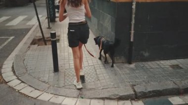 Kız köpeğiyle şehir caddesinde yürüyor. Arka plan