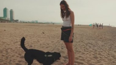 Beyaz bluzlu uzun dalgalı saçlı tatlı kız kumsalda siyah köpekle oynuyor. Kız evcil hayvanıyla kumsalda koşuyor.