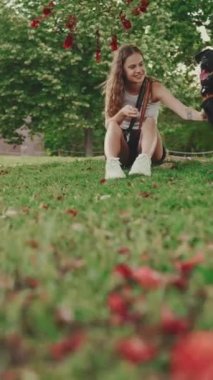 Siyah köpeği olan tatlı bir kız çimenlikteki ağacın altında dinleniyor. Mutlu köpek dışarıda yürümekten memnun olur. Açık havada hayvan eğitimi. Kamera yakınlaştırılıyor