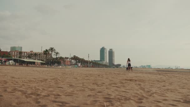 Cute Girl Długimi Falowanymi Włosami Biały Top Odgrywa Plaży Psami — Wideo stockowe