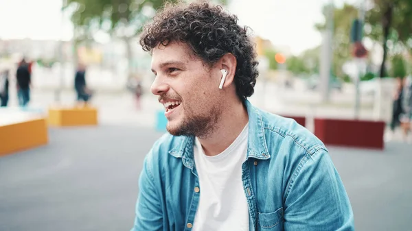 Closeup Portrait Young Bearded Man Denim Shirt Posing Smiling Camera — Stockfoto