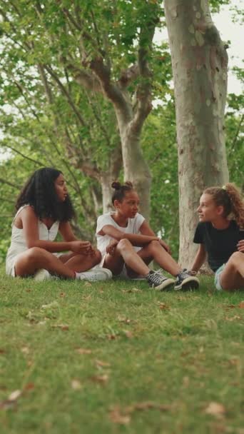Vertical Video Trzy Dziewczyny Przyjaciele Pre Teen Siedzieć Trawie Parku — Wideo stockowe