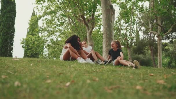 Trzy Nastoletnie Koleżanki Siedzą Trawie Parku Emocjonalnie Rozmawiają Troje Nastolatków — Wideo stockowe