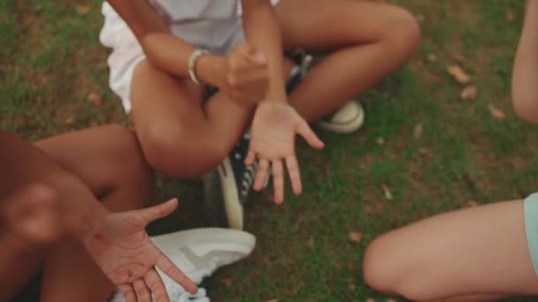 Close Hands Three Girls Friends Pre Teenage Sitting Grass Park — Stockvideo