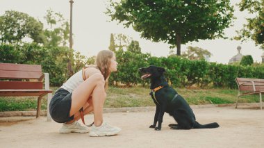 Kız arka köpekle parkta yürüyor..