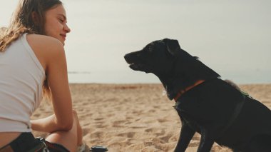 Beyaz bluzlu uzun dalgalı saçlı tatlı kız, çakıl taşı plajında siyah köpek deniz manzaralı oynuyor.