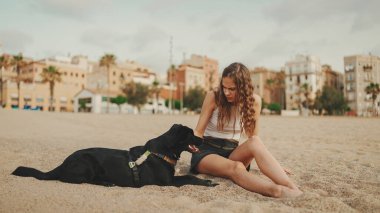 Öğle yemeği vakti. Şirin kız kumsalda evcil hayvanlı sandviçiyle oturuyor. Kız köpeğine sandviçle davranıyor. Modern şehir arka planında sahilde öğle yemeği.