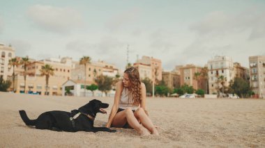 Öğle yemeği vakti. Şirin kız kumsalda evcil hayvanlı sandviçiyle oturuyor. Kız köpeğine sandviçle davranıyor. Modern şehir arka planında sahilde öğle yemeği.