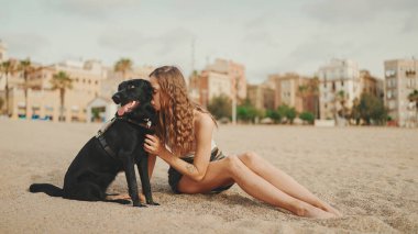 Öğle yemeği vakti. Şirin kız kumsalda evcil hayvanlı sandviçiyle oturuyor. Kız köpeğine sandviçle davranıyor. Modern şehir arka planında sahilde öğle yemeği.