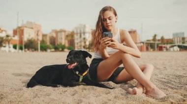 Öğle yemeği vakti. Şirin kız kumsalda evcil hayvanlı sandviçiyle oturuyor. Kız köpeğine sandviçle davranıyor. Modern şehir arka planında sahilde öğle yemeği.