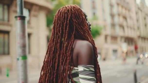 Красива Жінка Африканськими Плечима Верхній Частині Ходьби Вздовж Тротуару Біля — стокове відео