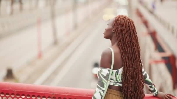 Великолепная Женщина Африканскими Косичками Стоящая Мосту Заднем Плане Автострады — стоковое видео
