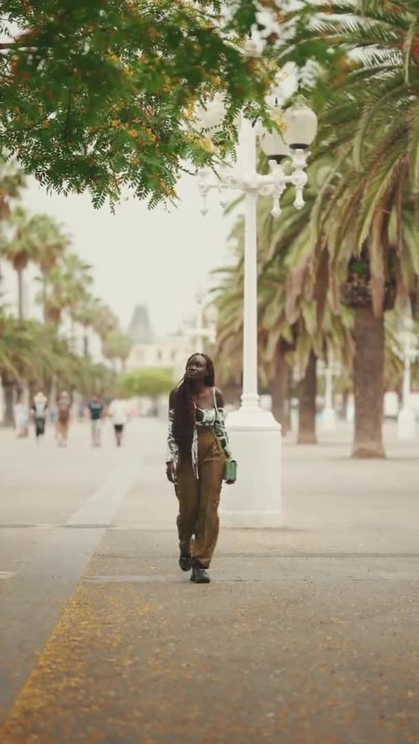 Vertical Video Gorgeous Woman African Braids Wearing Walks Street — Stockvideo