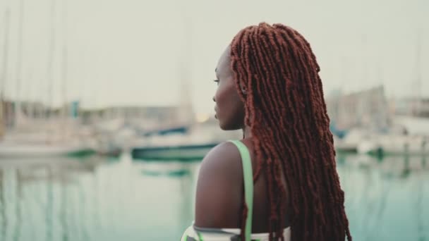 Profile Gorgeous Woman African Braids Wearing Top Looks Yachts Ships — Stock video