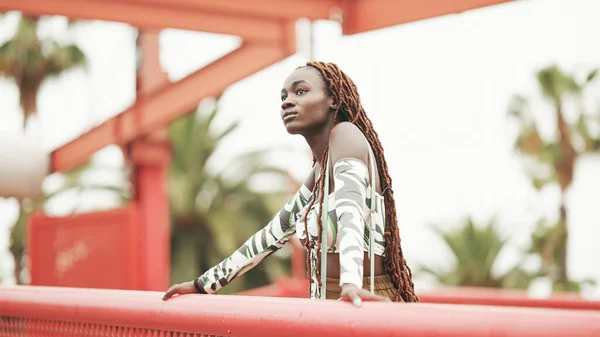Mulher Linda Com Tranças Africanas Vestindo Top Stands Ponte — Fotografia de Stock