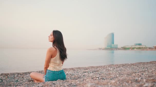 Profile Beautiful Brown Haired Woman Long Hair Sits Beach Seascape — Wideo stockowe