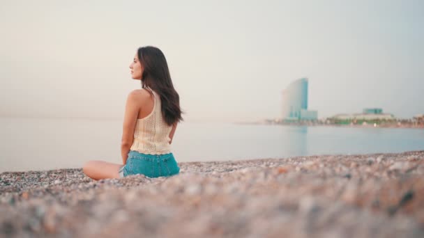 Profile Beautiful Brown Haired Woman Long Hair Sits Beach Seascape — Wideo stockowe