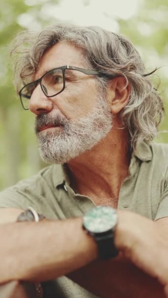 Vertical Video Thoughtful Middle Aged Man Gray Hair Beard Wearing — Wideo stockowe