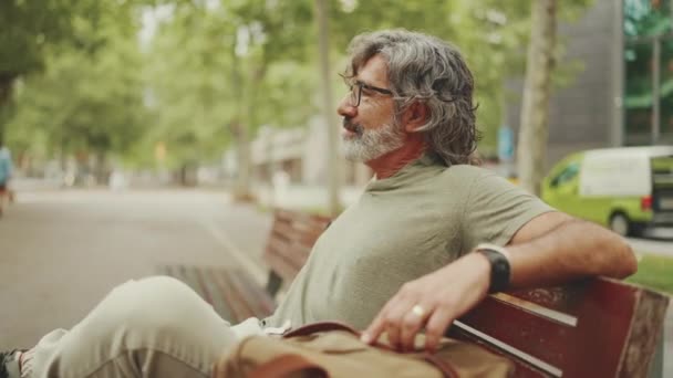Positive Middle Aged Man Gray Hair Beard Wearing Casual Clothes — Stok video