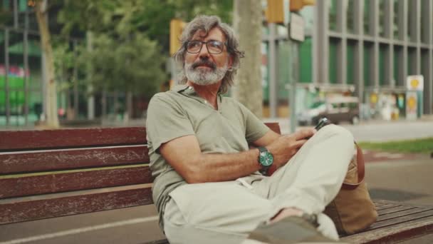 Thoughtful Middle Aged Man Gray Hair Beard Wearing Casual Clothes — Stock Video