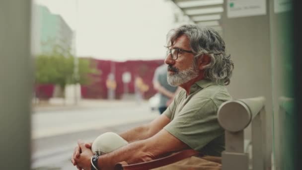 Profilo Uomo Mezza Età Con Capelli Grigi Barba Che Indossa — Video Stock