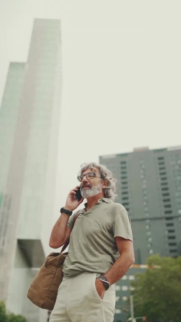 Vertical Video Friendly Middle Aged Man Gray Hair Beard Wearing — Stock video