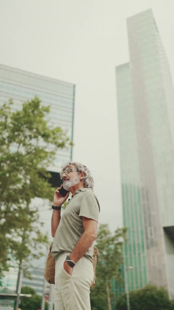 Vertical Video Friendly Middle Aged Man Gray Hair Beard Wearing — Vídeo de stock