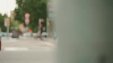 Profile of cute tanned woman with long brown hair in white top and yellow bandana with backpack on her shoulders is walking along pedestrian crossing