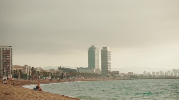 Coastal Seascape Modern High Rise Buildings Background City Beach — Video