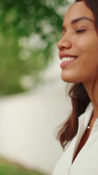 Vertical Video Profile Smiling Cute Tanned Woman Long Brown Hair — 图库视频影像