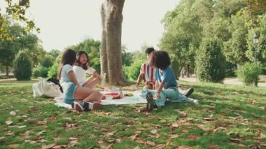Happy smiling young multinational people at picnic on summer day outdoors. Four friends talking while spending the weekend together, relaxing in the park at picnic