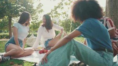 Happy smiling young multinational people at picnic on summer day outdoors. Four friends talking while spending the weekend together, relaxing in the park at picnic. Backlight