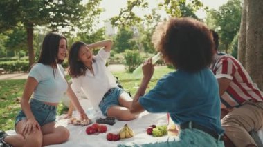 Happy, smiling multiethnic young people at picnic on summer day outdoors. Group of friends having fun with drinks, passing drinks while relaxing in the park at picnic